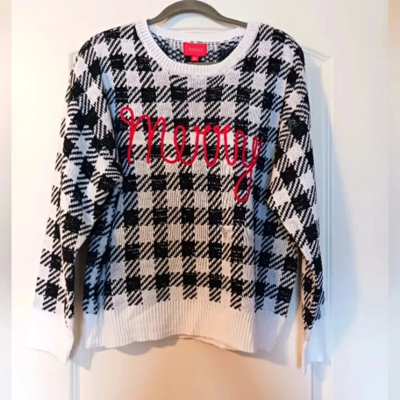 Merry Buffalo Check Black White Red Chunky sweater. Sz XL - Picture 1 of 7